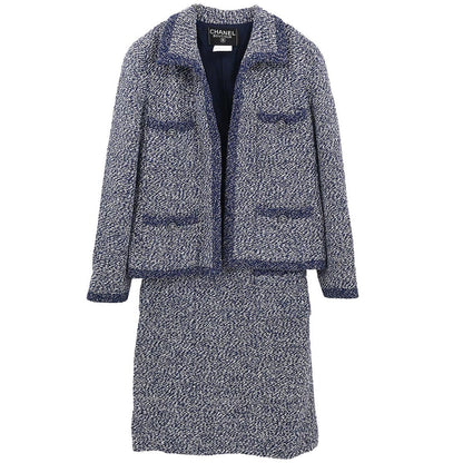 Chanel 1997 Setup Suit Jacket Skirt Tweed Navy #40