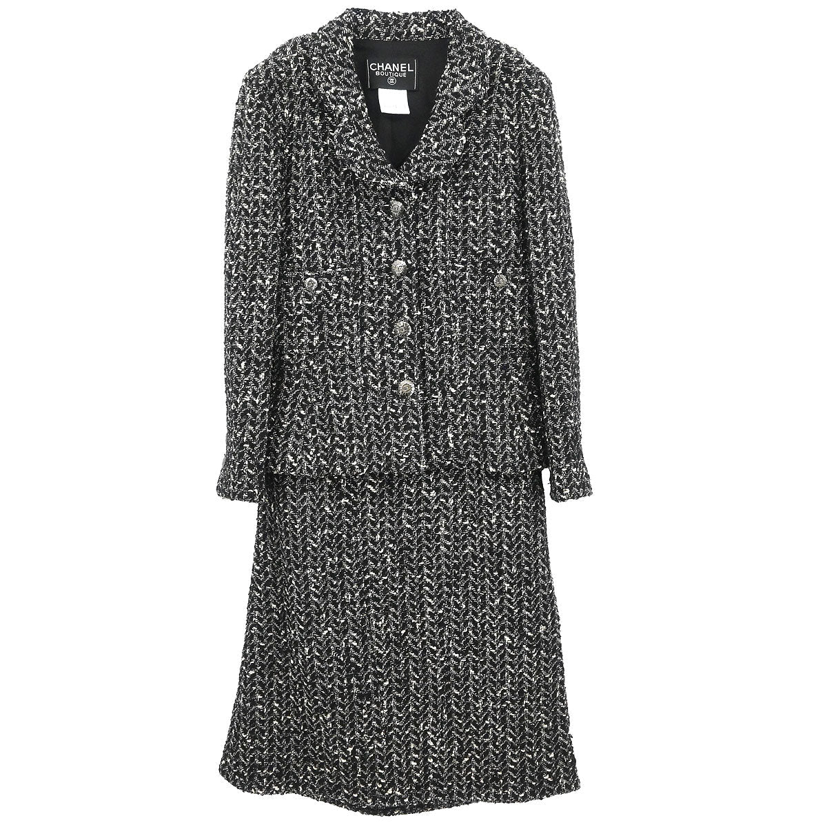 Chanel 1997 Setup Suit Jacket Skirt Tweed Black #40