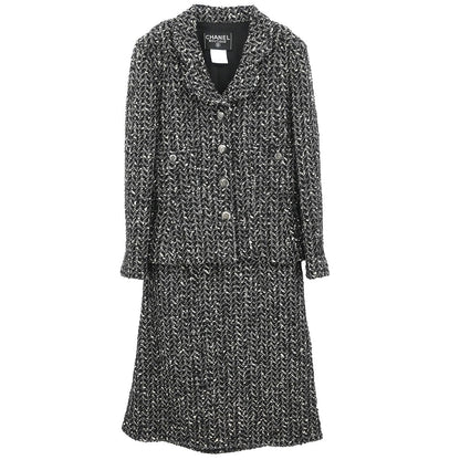Chanel 1997 Setup Suit Jacket Skirt Tweed Black #40