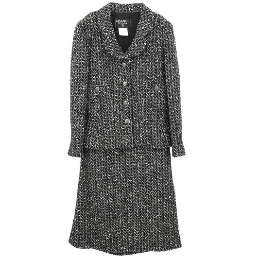 Chanel 1997 Setup Suit Jacket Skirt Tweed Black #40