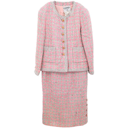Chanel 1993 Setup Suit Jacket Skirt Tweed Pink #36