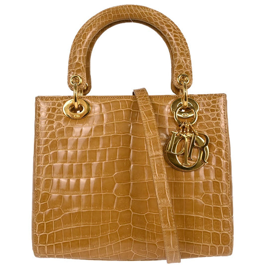 Christian Dior * Brown Crocodile Medium Lady Dior 2way Shoulder Handbag