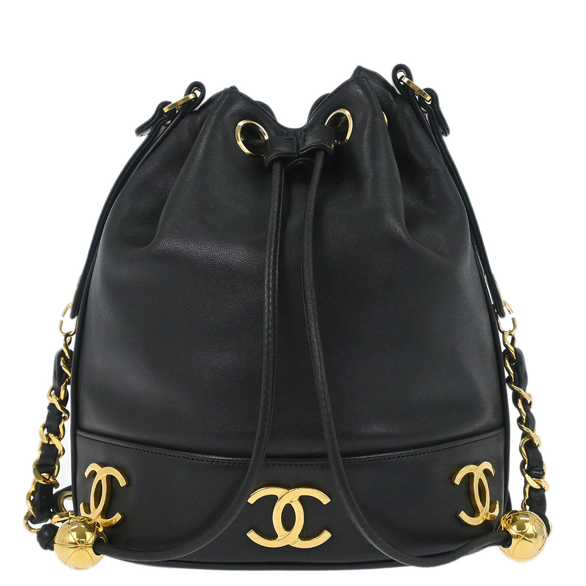 Chanel Black Lambskin Triple CC Drawstring Shoulder Bag