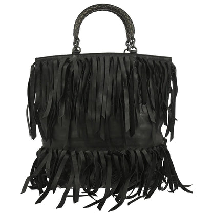 Bottega Veneta Black Intrecciato Fringe Tote Bag