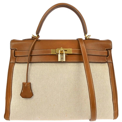 Hermes Gold Barenia Toile H Kelly 35 Retourne 2way Shoulder Handbag