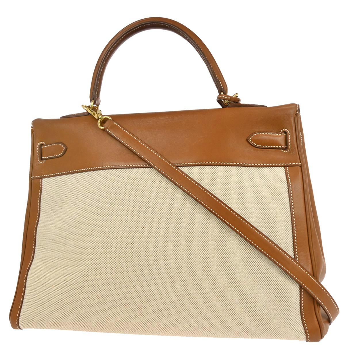 Hermes Gold Barenia Toile H Kelly 35 Retourne 2way Shoulder Handbag