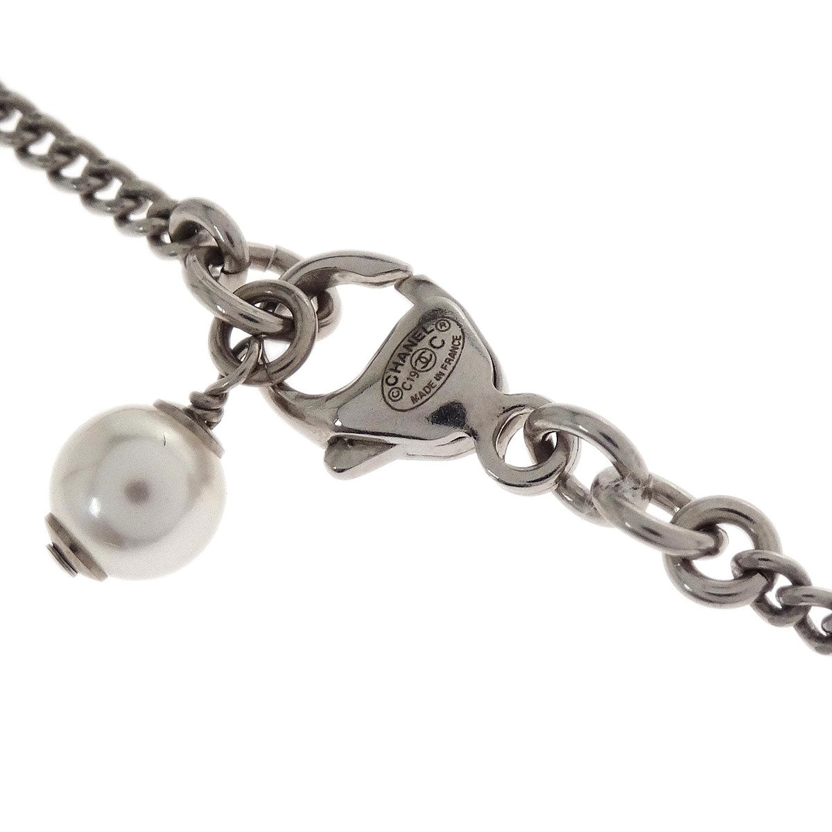 Chanel CC Chain Necklace Pendant Silver Costume Pearl C19C