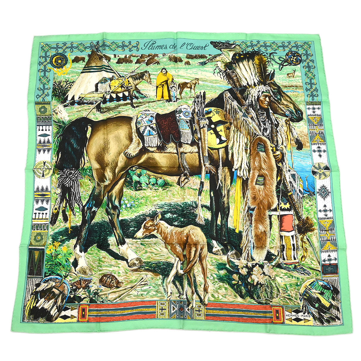 Hermes Scarf Carre 90 Les Cheyennes Green Small Good