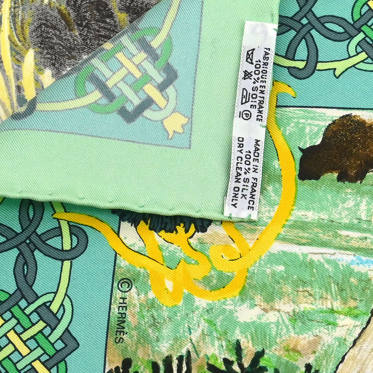 Hermes Scarf Carre 90 Les Cheyennes Green Small Good