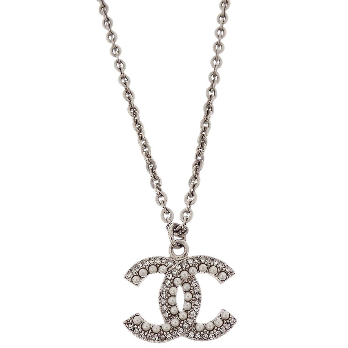 Chanel CC Chain Necklace Pendant Silver Costume Pearl Rhinestone F19K