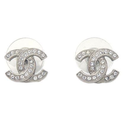 Chanel CC Pierced Earrings Silver Rhinestone F19V