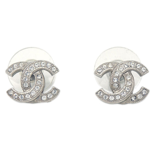 Chanel CC Pierced Earrings Silver Rhinestone F19V