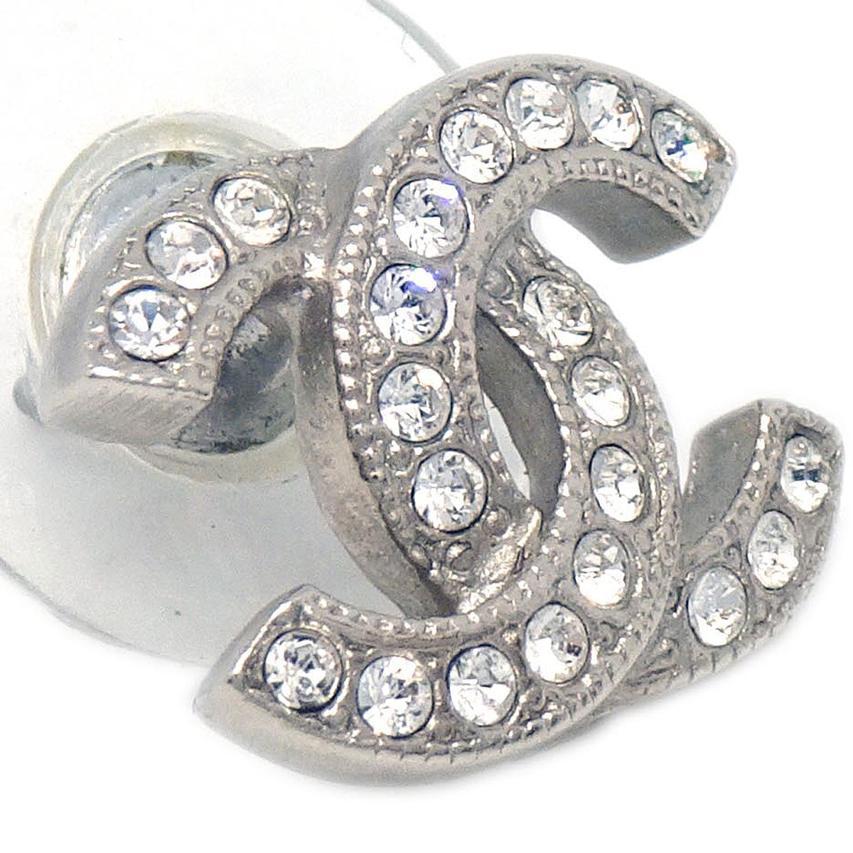 Chanel CC Pierced Earrings Silver Rhinestone F19V