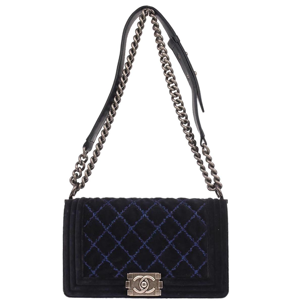 Boy Chanel 2014 Navy Velvet Medium Chain Shoulder Bag