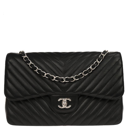 Chanel 2016-2017 Black Caviar Skin Chevron Jumbo Classic Double Flap Shoulder Bag