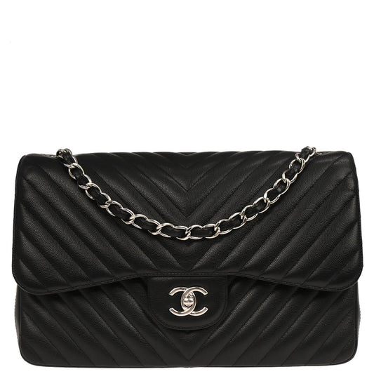 Chanel 2016-2017 Black Caviar Skin Chevron Jumbo Classic Double Flap Shoulder Bag