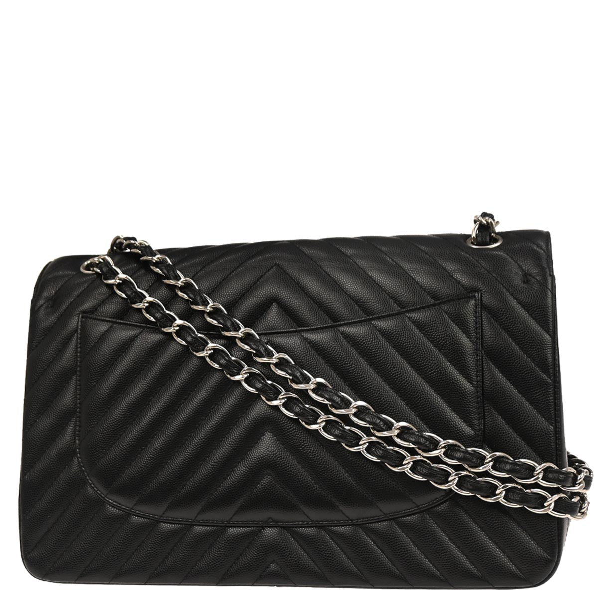 Chanel 2016-2017 Black Caviar Skin Chevron Jumbo Classic Double Flap Shoulder Bag