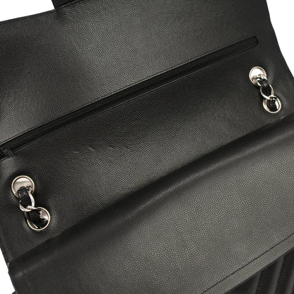 Chanel 2016-2017 Black Caviar Skin Chevron Jumbo Classic Double Flap Shoulder Bag