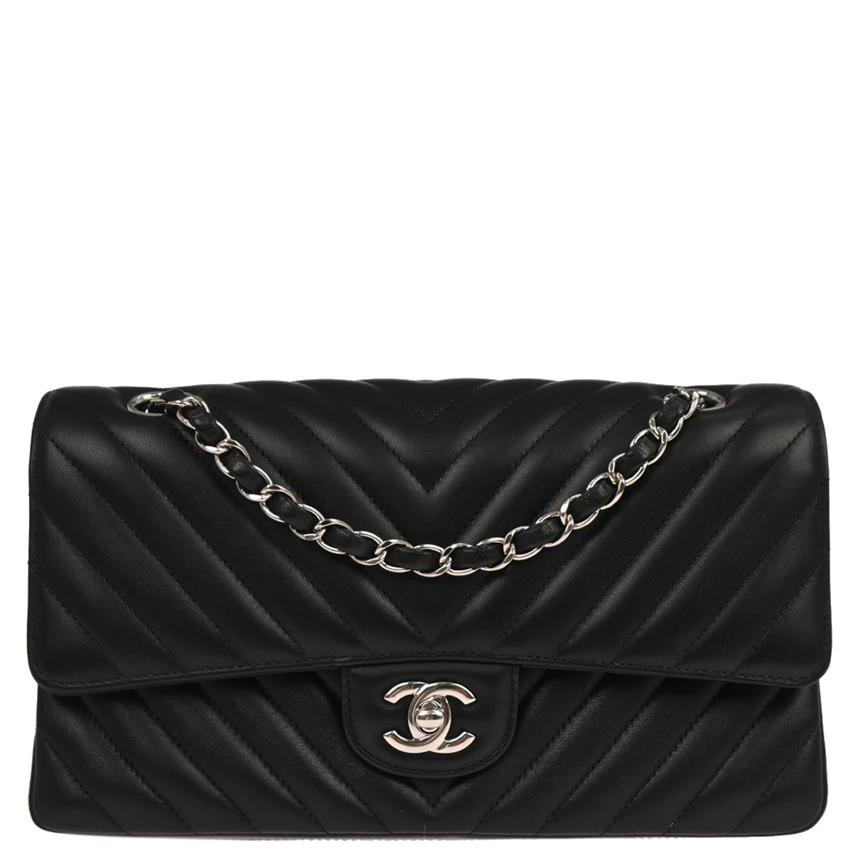 Chanel 2017-2018 Black Lambskin Chevron Medium Classic Double Flap Shoulder Bag