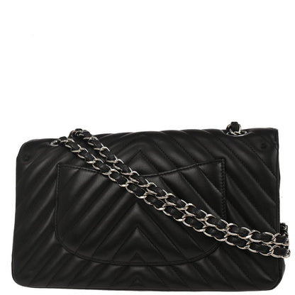 Chanel 2017-2018 Black Lambskin Chevron Medium Classic Double Flap Shoulder Bag