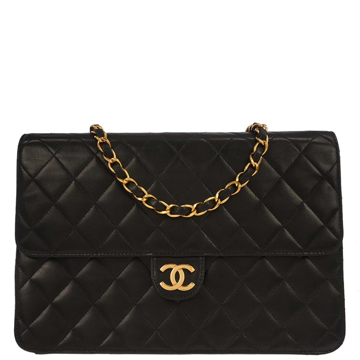 Chanel 1997-1999 Black Lambskin Pushlock Medium Half Flap Shoulder Bag