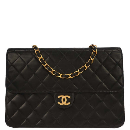 Chanel 1997-1999 Black Lambskin Pushlock Medium Half Flap Shoulder Bag