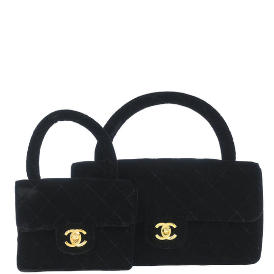 Chanel Black Velvet Classic Single Flap 2 in 1 Handbag Set
