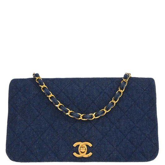 Chanel 1994-1996 Indigo Denim Turnlock Small Full Flap Shoulder Bag