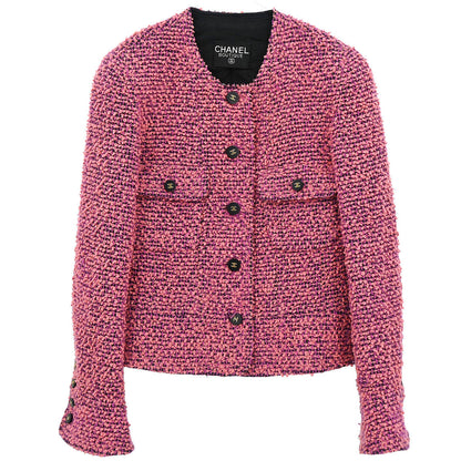 Chanel Single Breasted Collarless Tweed Jacket Pink