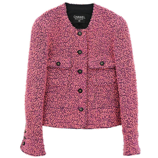 Chanel Single Breasted Collarless Tweed Jacket Pink