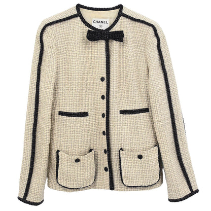 Chanel 2003 Single Breasted Collarless Jacket Beige #40