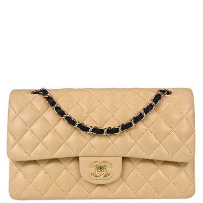 Chanel 2004-2005 Beige Black Lambskin Medium Classic Double Flap Shoulder Bag