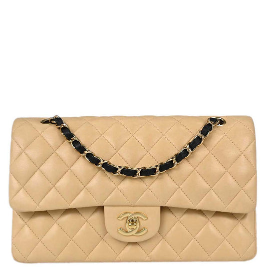 Chanel 2004-2005 Beige Black Lambskin Medium Classic Double Flap Shoulder Bag