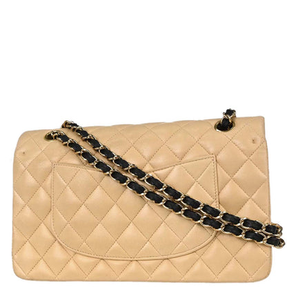 Chanel 2004-2005 Beige Black Lambskin Medium Classic Double Flap Shoulder Bag