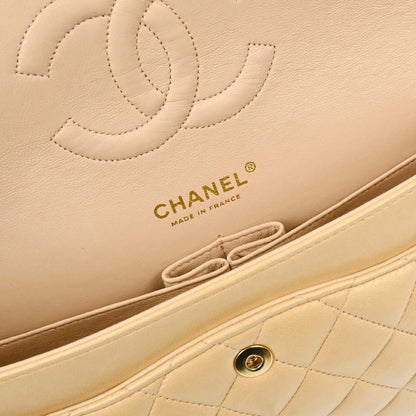 Chanel 2004-2005 Beige Black Lambskin Medium Classic Double Flap Shoulder Bag