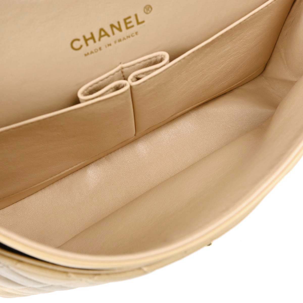 Chanel 2004-2005 Beige Black Lambskin Medium Classic Double Flap Shoulder Bag