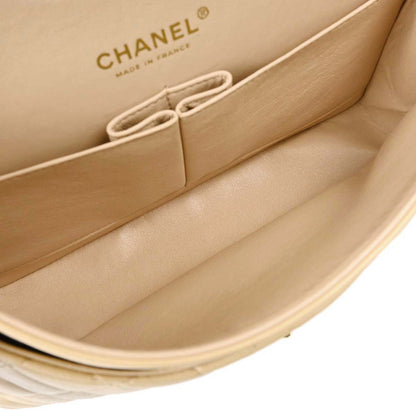 Chanel 2004-2005 Beige Black Lambskin Medium Classic Double Flap Shoulder Bag