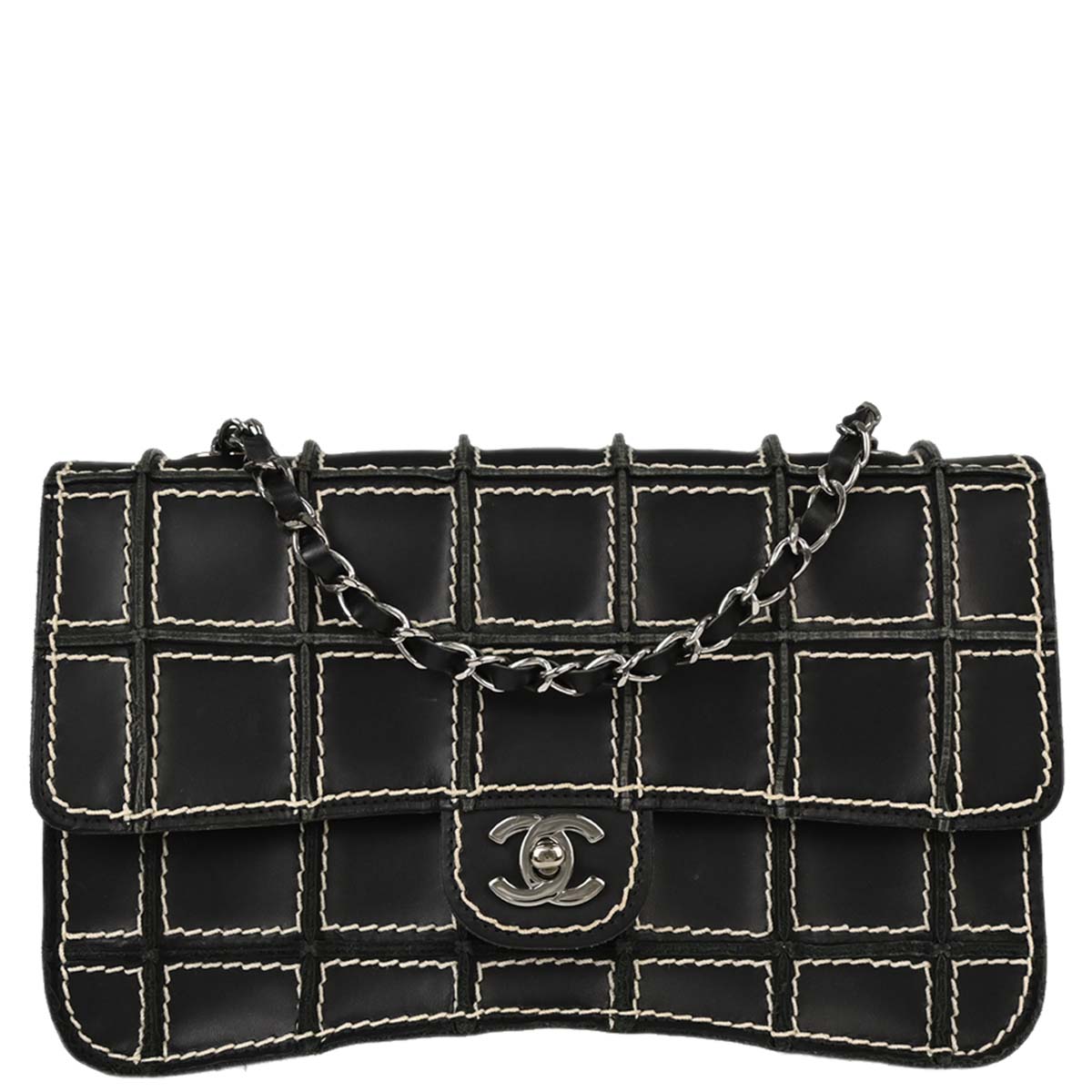 Chanel 2001-2003 Black Calfskin Wild Stitch Choco Bar Waffle Shoulder Bag