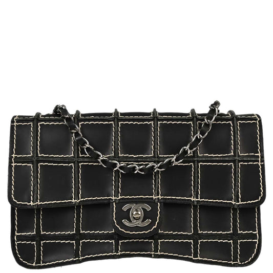 Chanel 2001-2003 Black Calfskin Wild Stitch Choco Bar Waffle Shoulder Bag