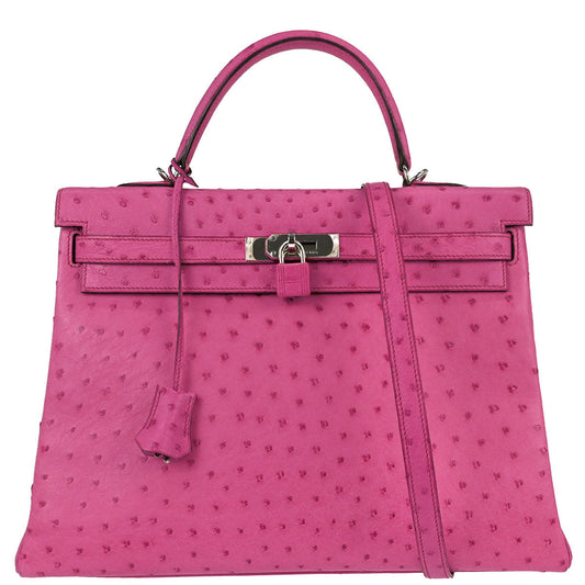 Hermes * Fuchsia Pink Ostrich Kelly 35 Retourne 2way Handbag