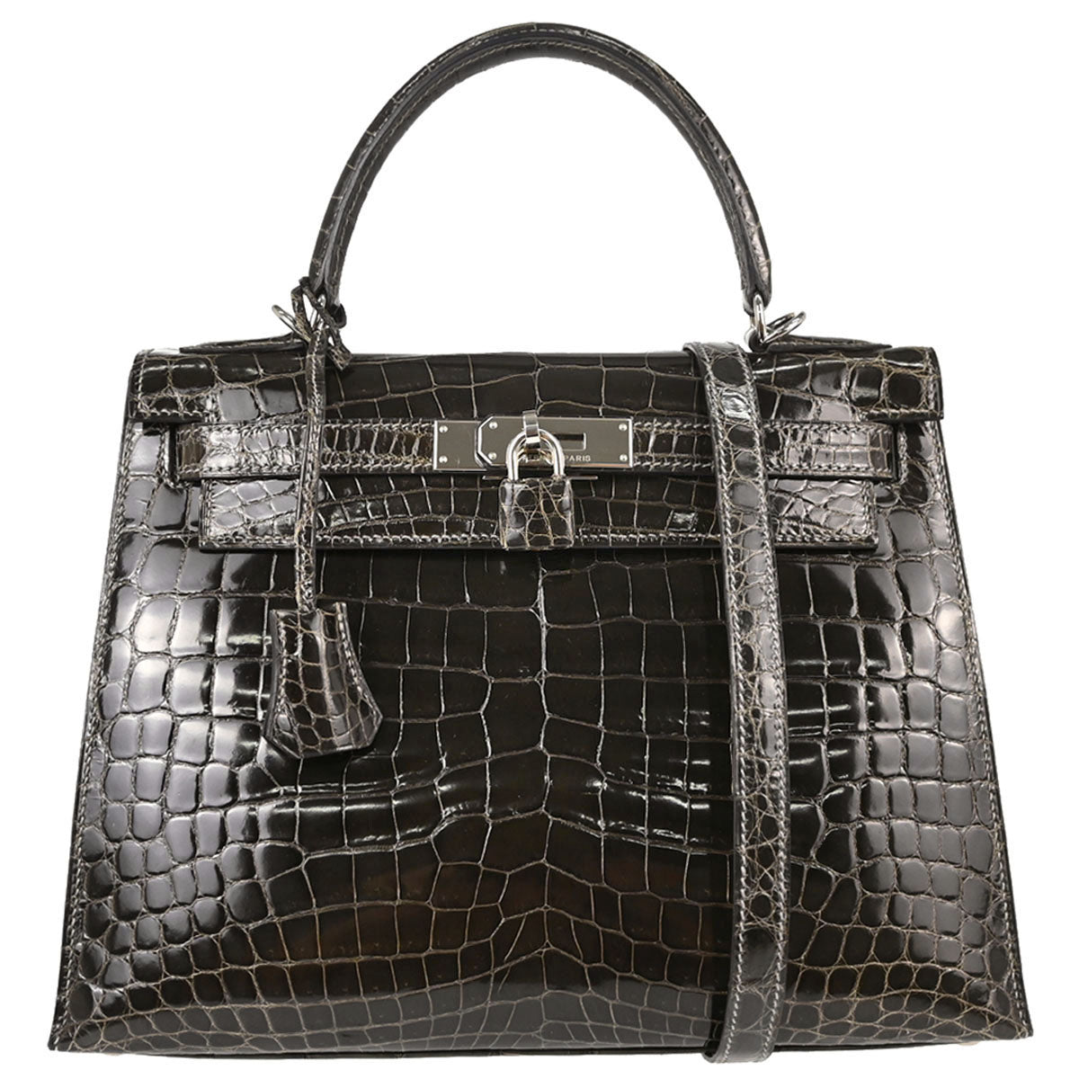 Hermes * Gris Fonce Niloticus Kelly 28 Sellier 2way Shoulder Handbag