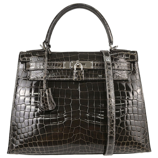 Hermes * Gris Fonce Niloticus Kelly 28 Sellier 2way Shoulder Handbag
