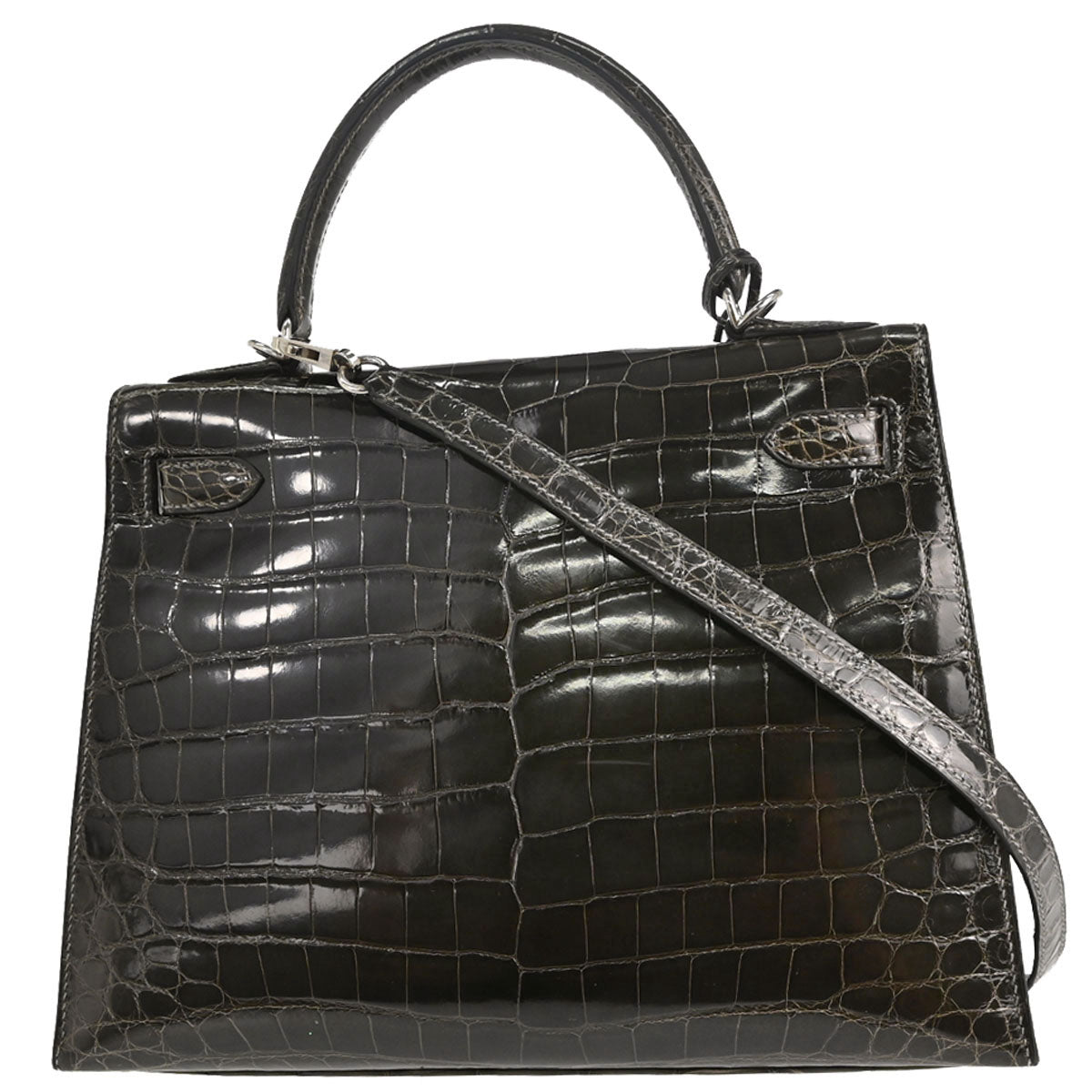 Hermes * Gris Fonce Niloticus Kelly 28 Sellier 2way Shoulder Handbag