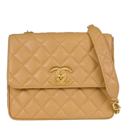 Chanel 1994-1996 Beige Caviar Skin Straight Flap Shoulder Bag