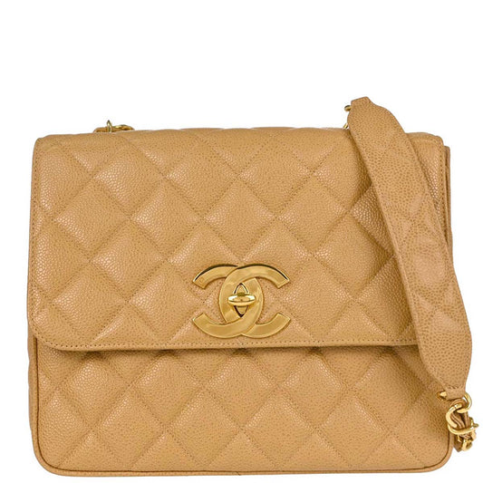Chanel 1994-1996 Beige Caviar Skin Straight Flap Shoulder Bag