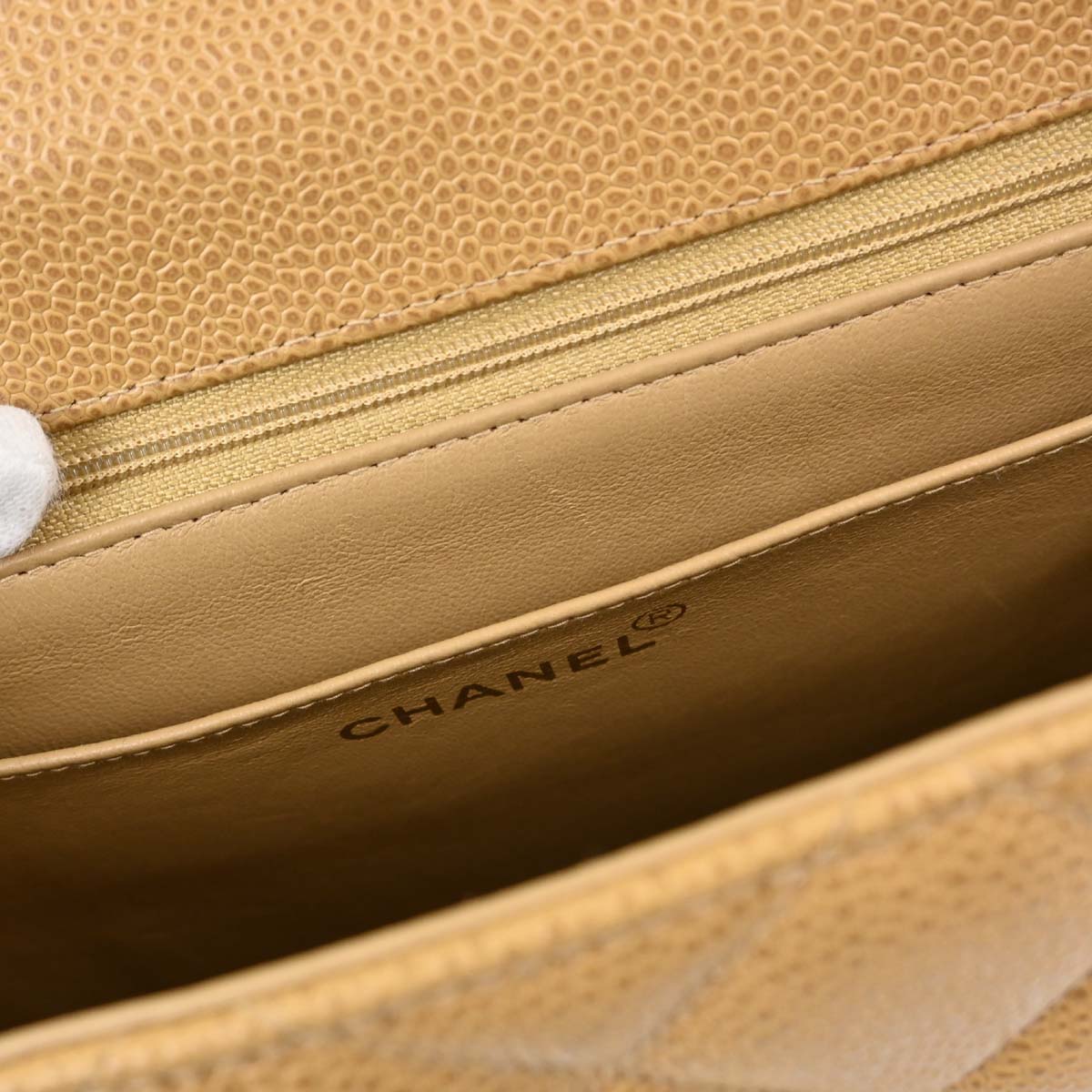 Chanel 1994-1996 Beige Caviar Skin Straight Flap Shoulder Bag