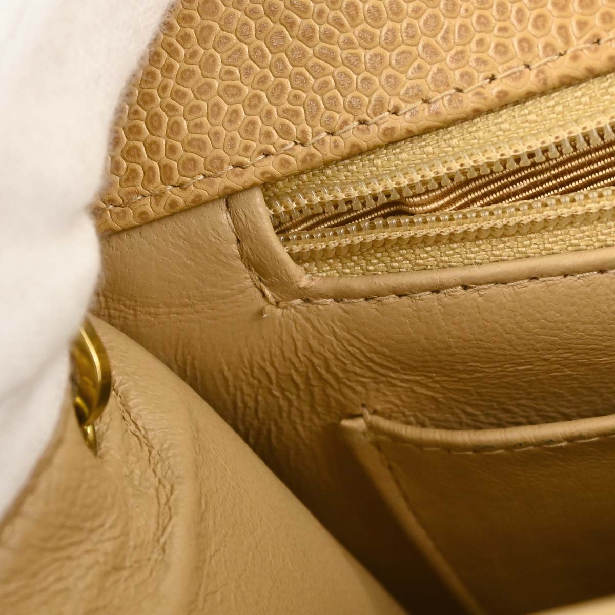 Chanel 1994-1996 Beige Caviar Skin Straight Flap Shoulder Bag