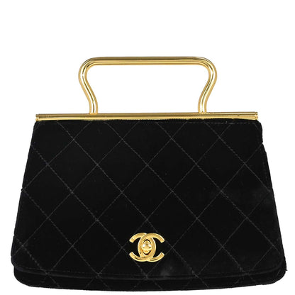 Chanel 1994-1996 Black Velvet Metal Handle Handbag