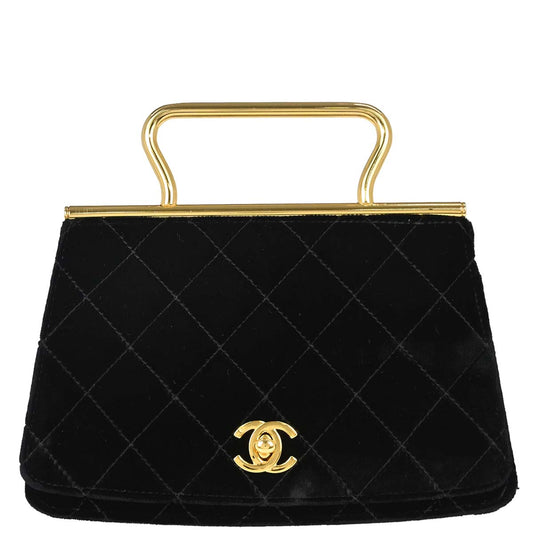 Chanel 1994-1996 Black Velvet Metal Handle Handbag