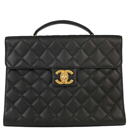 Chanel 1996-1997 Black Caviar Skin Briefcase Business Handbag